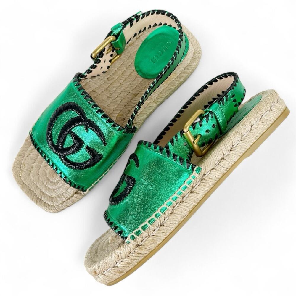 GUCCI Pilar Embroidered Double G Slingback Metallic Green Espadrille Sandals